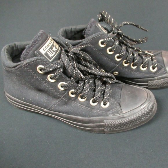 CONVERSE BLACK WITH GOLD EYELETS & GOLD BLK LACES HIGH TOPS WOMENS SIZE 6 SHOES - Picture 1 of 5